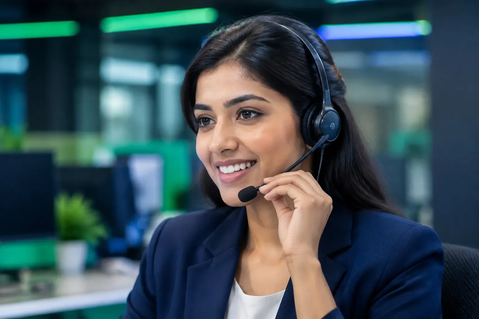 Friendly Indian casino ID customer care agent on telephone headset assisting player